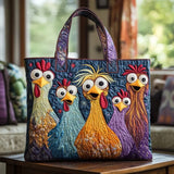 Borsa artigianale trapuntata con cinque galline colorate
