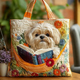 Borsa artigianale trapuntata con Shih Tzu, libri e fiori