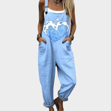Salopette Azzurro Chiaro con Stampa di Cuori e Onde