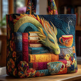Borsa artigianale trapuntata con drago, libri e tazze