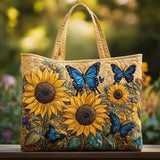 Borsa artigianale trapuntata con girasoli e farfalle blu
