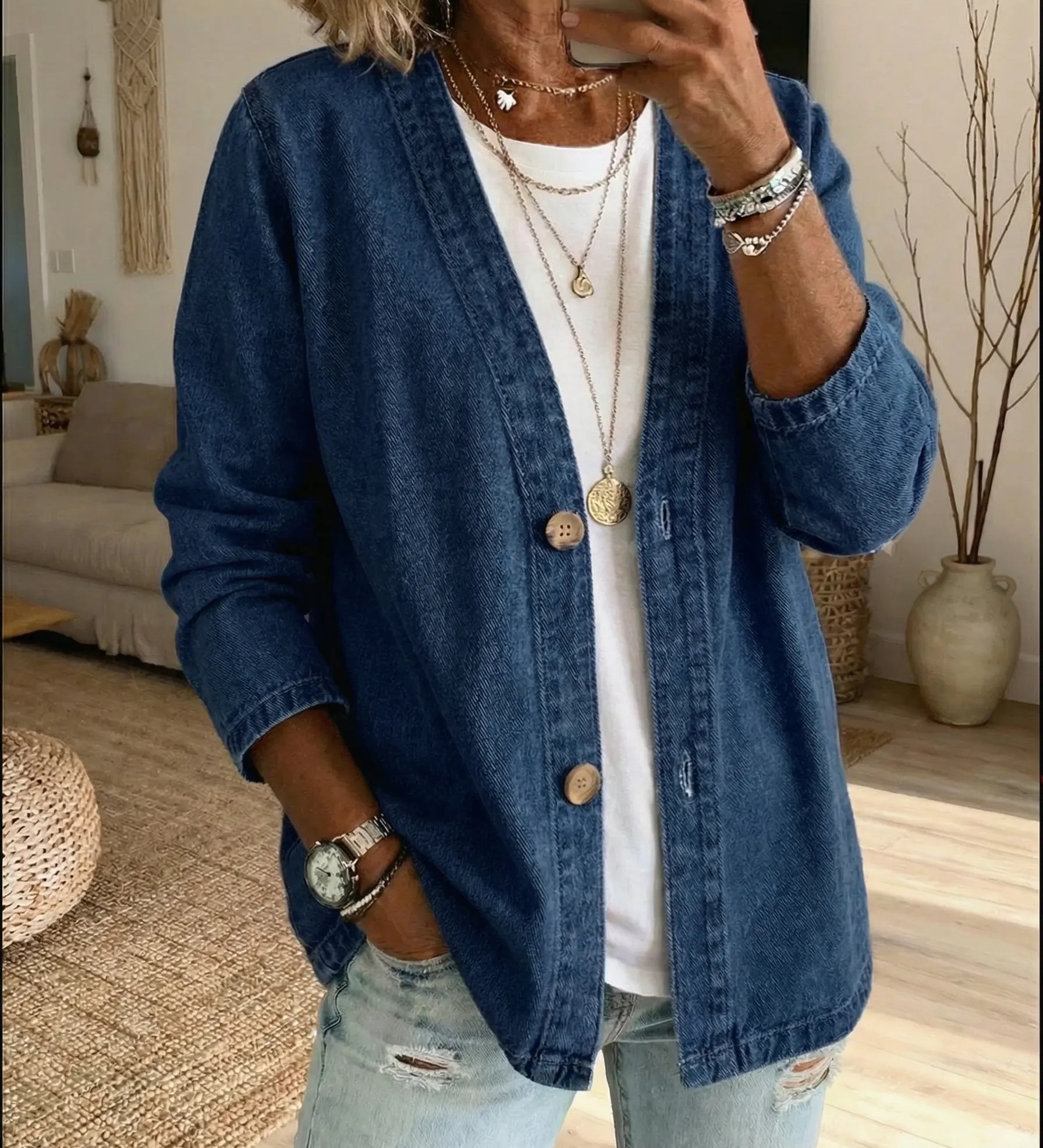 Classico Cappotto in Denim con Chiusura a Bottoni