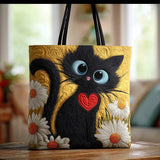 Borsa artigianale trapuntata con gatto nero e margherite