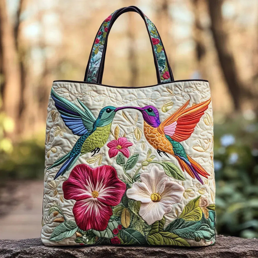 Borsa artigianale trapuntata con colibrì e fiori bianchi