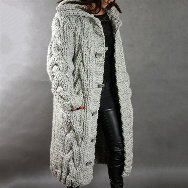 Eliška – Cappotto lungo da donna lavorato a maglia con cappuccio
