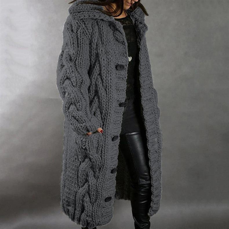 Eliška – Cappotto lungo da donna lavorato a maglia con cappuccio