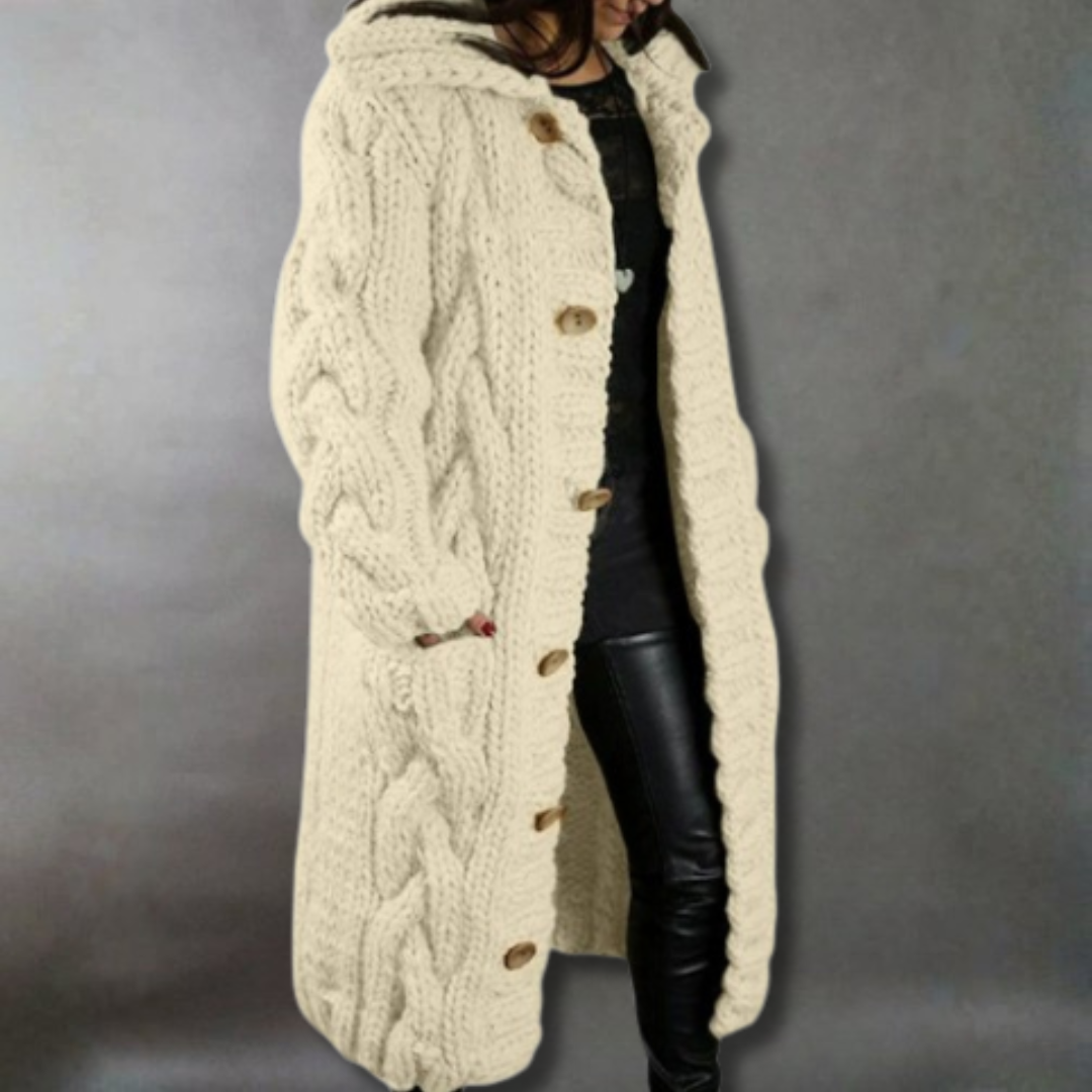 Eliška – Cappotto lungo da donna lavorato a maglia con cappuccio