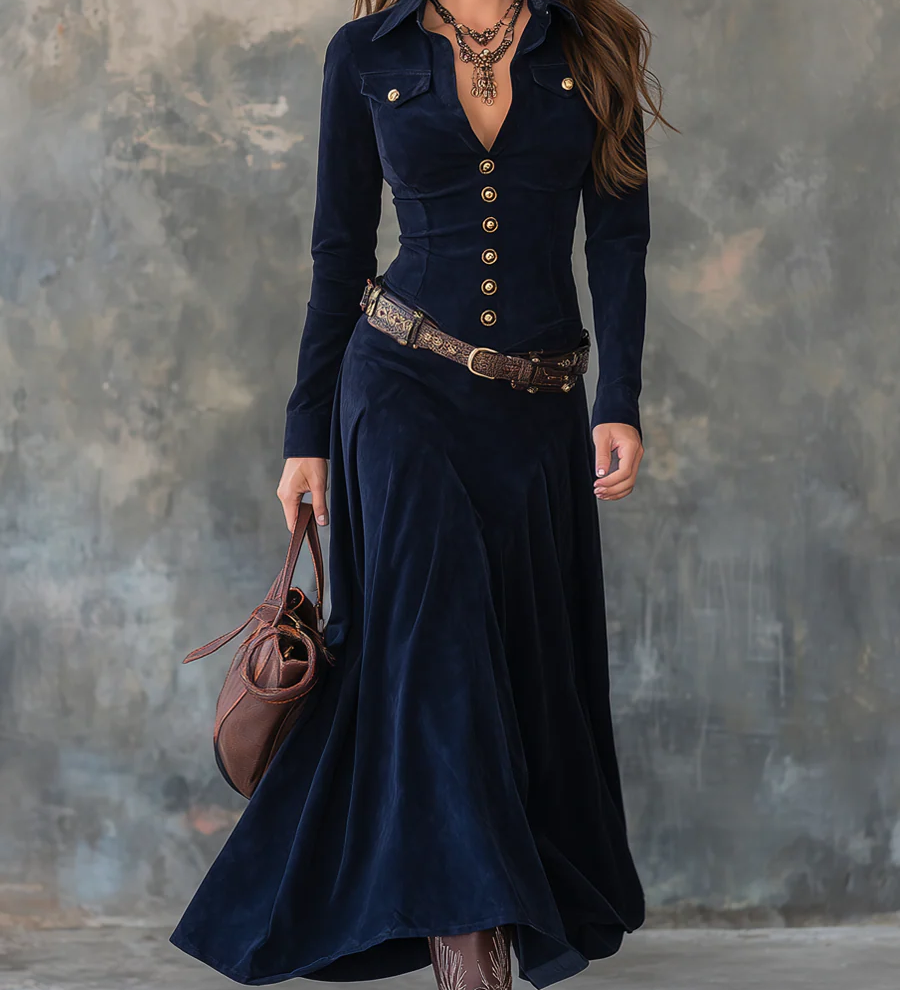 Pavla – Abito lungo elegante con bottoni e vita evidenziata